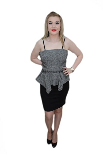 OEM Rochie de ocazie, de nuanta negru-gri, cu peplum in talie