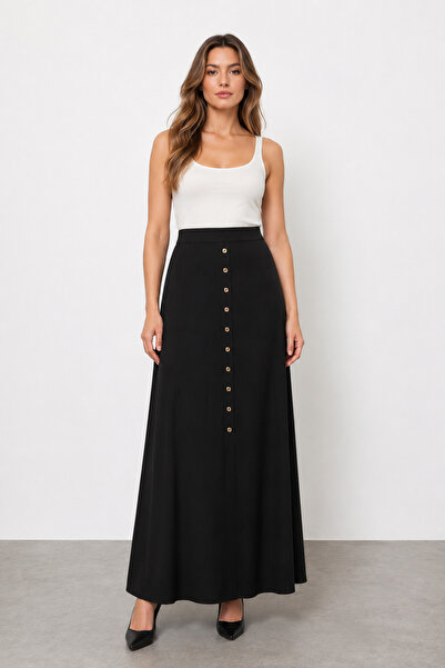 bihan store تنورة نسائية بأزرار أمامية وتفاصيل شقوق Y22-1333 - أسود