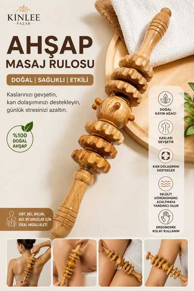 Kinlee Ahşap Masaj Rulosu El Tipi Vücut Masaj Aleti Doğal Ahşap Kas Gevşetici...