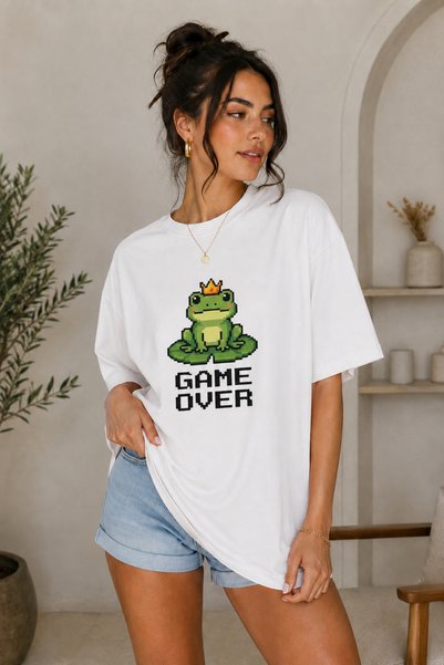 FECCY Premium Game over Printed Oversize Women's T-Shirt Cotton Oversize T-Shirt