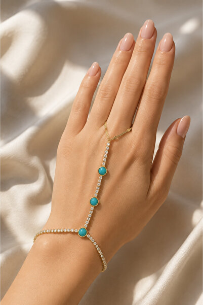PABALAS Women's Gold Color Turquoise Stone Detailed Zircon Stone Shahmeran Br...