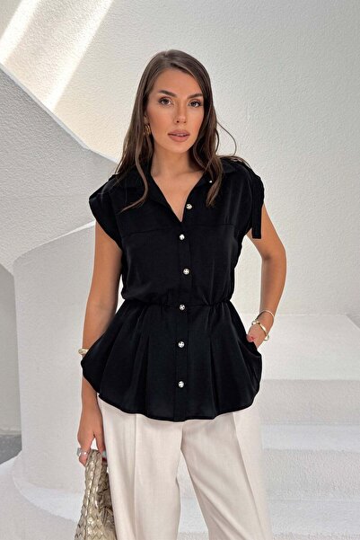 RB CLUB Black Shoulder Detail Gathered Waist Blouse