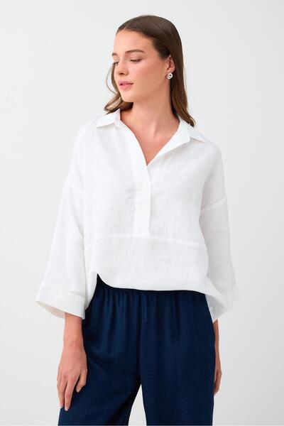 Jimmy Key White 100% Linen Relaxed Fit Three-Quarter Sleeve Shirt Collar Blouse
