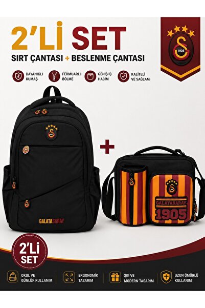 Galatasaray Lisanslı Siyah Sırt Çantası 26547+ Beslenme Çantası 26927