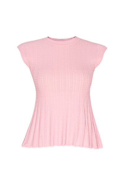 Qoolest Women's Crew Neck Self-Patterned Japone Sleeve Waist Fitted Peplum Sl...