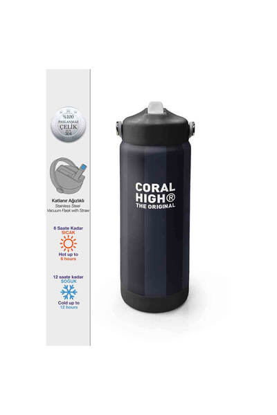 Coral High Siyah Gri Çizgi Desenli Çelik Termos Matara 650 Ml 38318