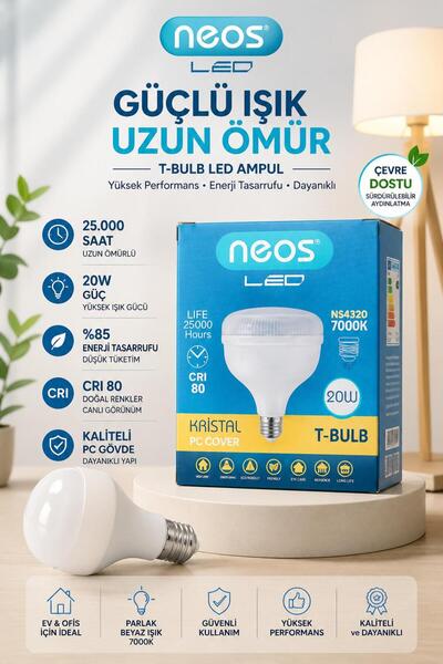 Neos LED T-Bulb Ampul 20W 7000K Beyaz Işık Yüksek Performanslı T Tipi Torpido...