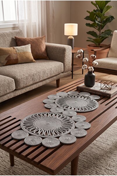 LinaHouse El Örgüsü Gri Jüt İp Yuvarlak Çiçek Desenli Runner – | Premium | De...