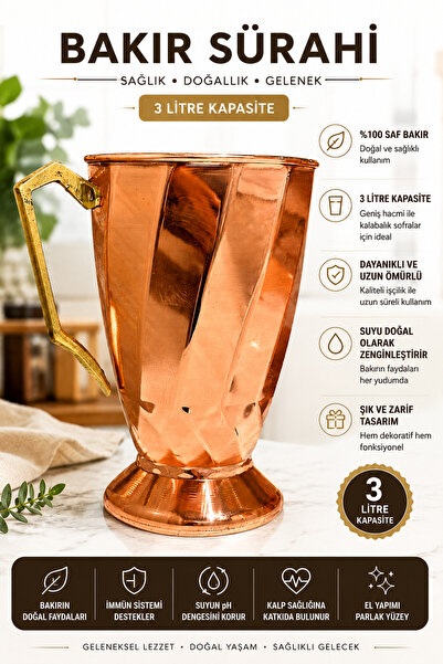 gulflower nude Bakır sürahi el yapımı sağlıklı 3 Lt sağlıklı bakır