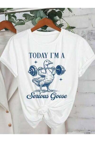 23ERVA Casual Fashionable Gym Duck Print Fitted Knit Pullover Short Sleeve T-...