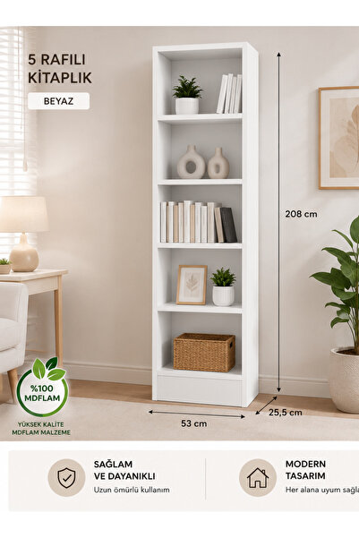 Genel Markalar Modern 5 Raflı Kitaplık %100 MDFLAM 208x53x25,5 cm Çok Amaçlı ...