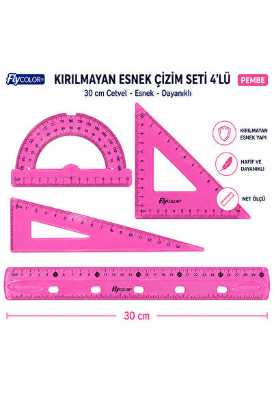 FLY COLOR Kırılmayan Esnek Çizim Seti 4'lü (Cetvel, Gönye, İletki)