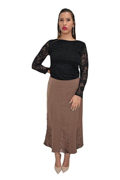 OEM Fusta eleganta, nuanta de bej, cu insertii de broderie