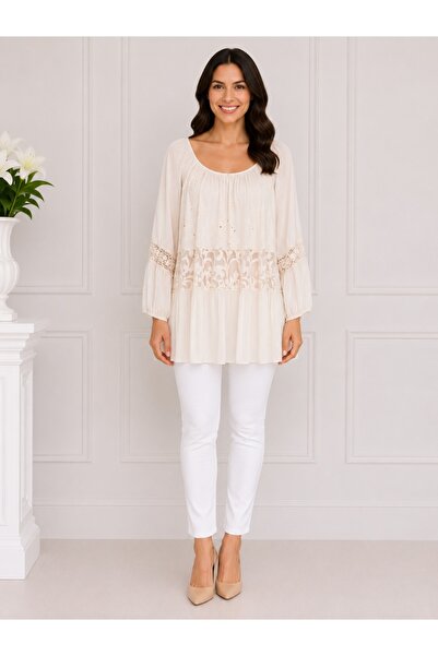 OEM Bluza rafinata Luna cu insertii de dantela ,nuanta de crem