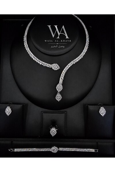 WASL ALKHAIR طقم مجوهرات نسائي من الزركون بتصميم الأوراق والقطرات المتدلية – ...