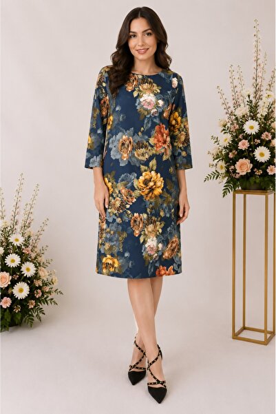 OEM Rochie de zi Fevine cu model floral tip mozaic pe fundal bleumarin