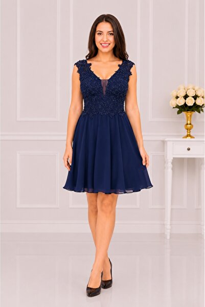 OEM Rochie scurta de seara cu margele aplicate, nuanta bleumarin