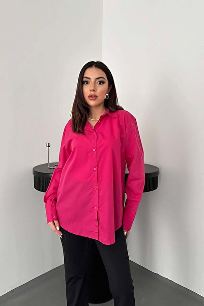 Moda Days قميص نسائي من قماش البوبلين باللون الفوشيا بأكمام طويلة وياقة بأزرا...