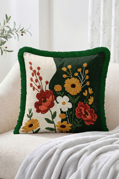 Realhomes Embroidered Floral Bouquet Motif Two-Piece Floor Design Fringed Thr...
