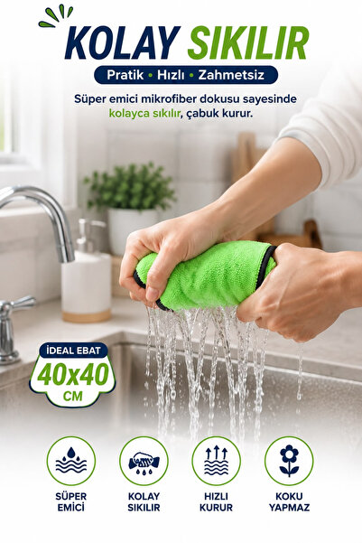 SİLVER HOME 3'lü Çok Amaçlı Mikrofiber Temizlik Bezi 40x40 cm Süper Emici Çamaşır Suyuna Dayanıklı Yeşil