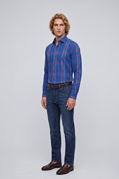 VERRI STUDIO Erkek Lacivert Ekose Slim Fit Uzun Kollu Pamuk Gömlek