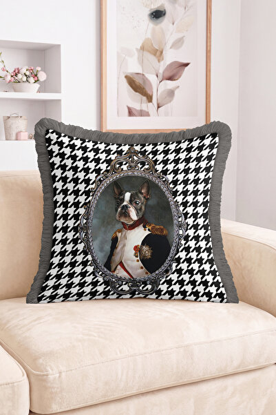 Realhomes Framed Uniformed Dog Portrait with Houndstooth Pattern Fringed Thro...