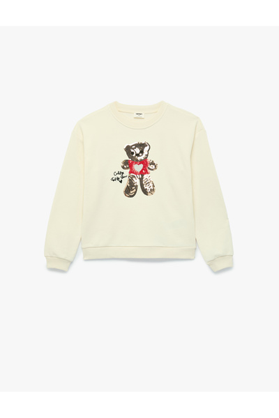 Koton Long Sleeve Crew Neck Teddy Bear Printed Sequined Sweatshirt