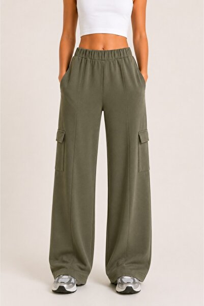 Grenj Fashion Haki Modal Kumaş Kargo Cepli Wide Leg Pantolon