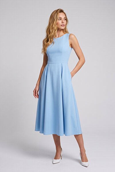 OLSAMODA Women's Midi Length Atlas Fabric Pocketed Flared Dress