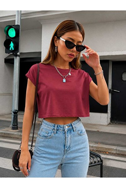BİSİKLET YAKA DÜŞÜK KOL CROP T-SHIRT
