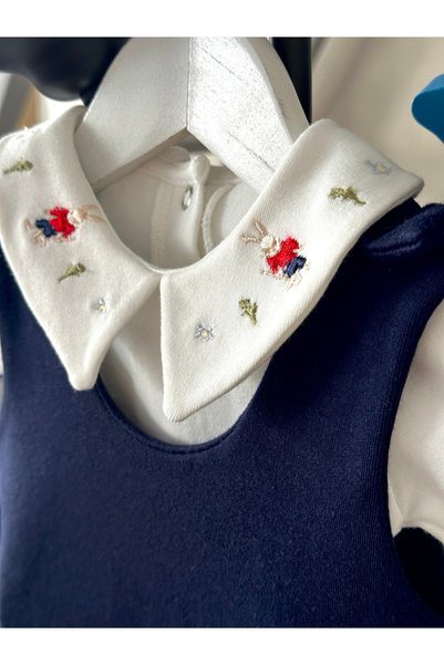Mama Miel Baby Mini Rabbit Embroidered Bodysuit and Navy Blue 100% Cotton Combed Cotton Salopet Set