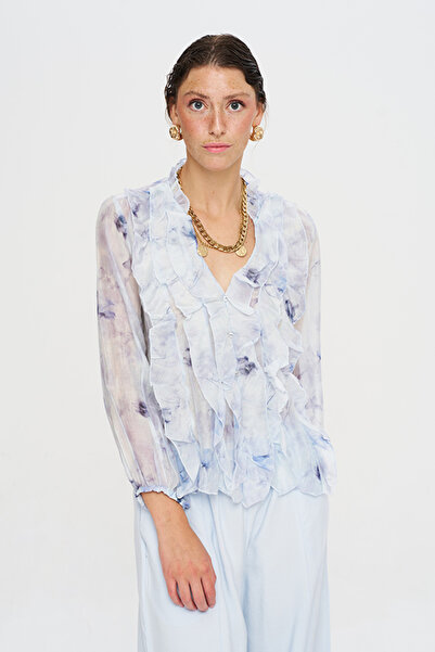 Orfeo Negro Women's V-Neck Ruffled Floral Patterned Blue Shirt