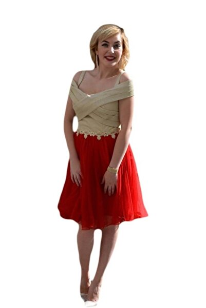 OEM Rochie rafinata din tul rosu si material lucios auriu, model scurt