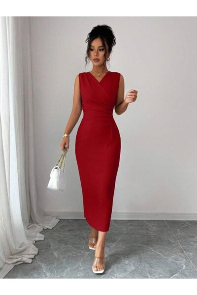 Generic Brand Rochie midi Janjan din crep, fără mâneci, cu guler dublu, pentr...