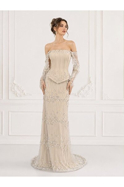 ranin Cream-Colored Barbie Cut Evening Gown with Hand Embroidery and Zircon B...