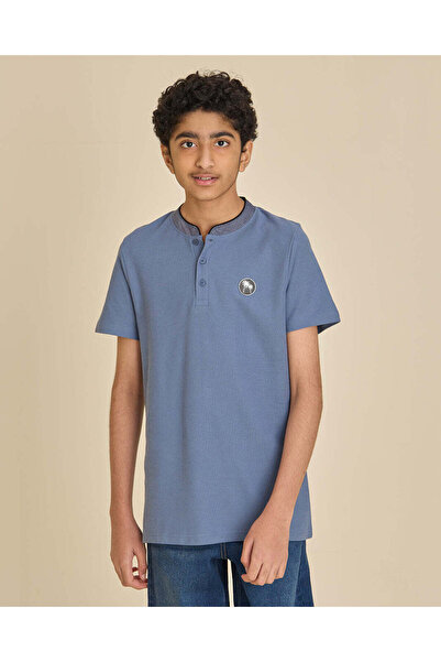 REDTAG Senior Boys Blue Chambray Collar Polo