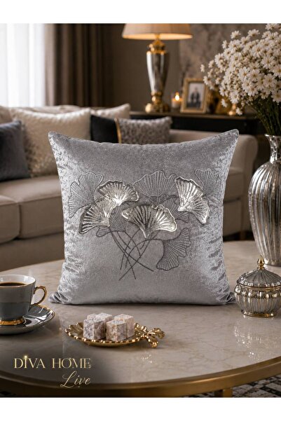Diva Home غطاء وسادة مزخرف من الجلد الفاخر المطرز المخملي مقاس 45x45 سم - بنم...