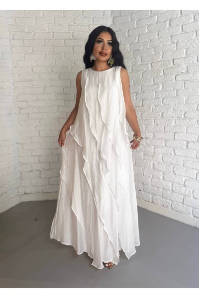 moneta boutique Kadın Kat Kat Sıfır Kol Astarlı Uzun Elbise