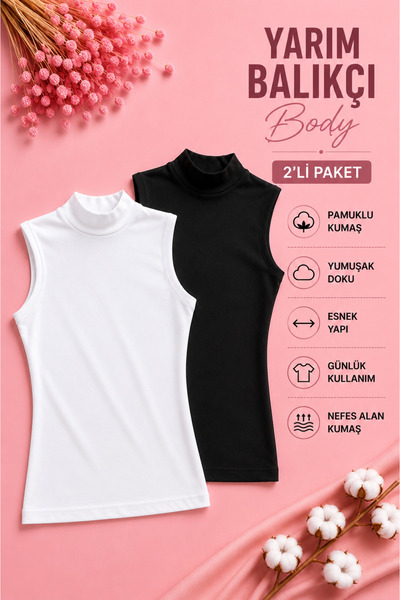 Mudcosıo Kadın Yarım Balıkçı Yaka Tesettür Body 2’li Paket Kolsuz Esnek Likra...
