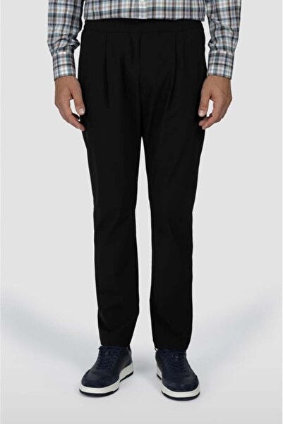 PAUL&SHARK Men's Regular Fit Elastic Waist Pleated Straight Leg Black Trousers