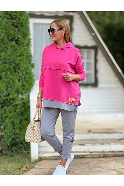 Generic Brand Women's Pink Hooded Hem Detail Trim Reverse Stitching Double Suit