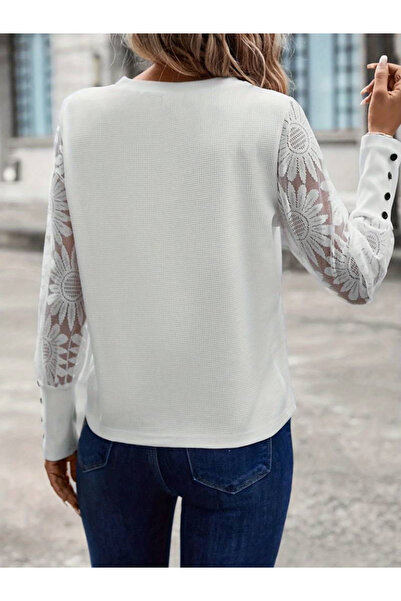modi Women's Long Sleeve Crew Neck Floral Waffle Blouse