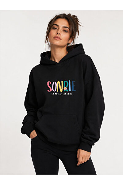 herkesemoda Sonrie Printed Hooded 2 Thread Raster Sweatshirt