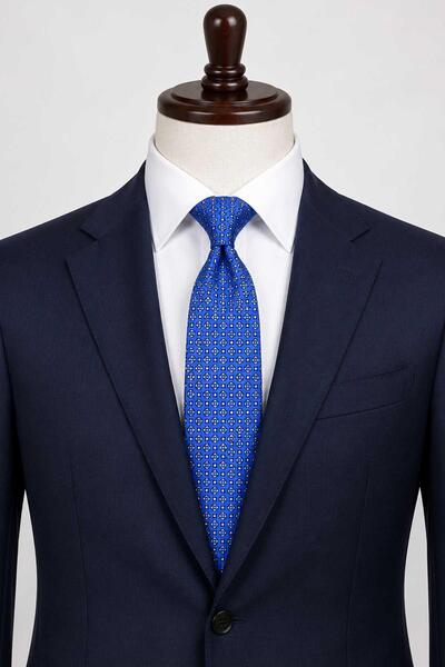 Kravatkolik Blue Floral Pattern Italian Silk Tie İk2551