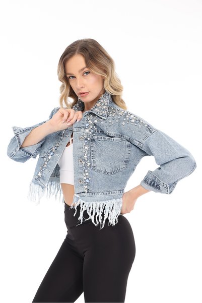 RENGARENG Women's Designer Denim Jacket with Stone Embellishments and Tassel Detail, Blue Slim Fit Jeans Coat, Limited Edition
