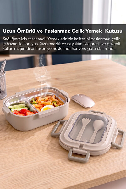 Meleni Home Paslanmaz Çelik Lunch Box - Taşınabilir Çatal Bıçaklı Bölmeli Yemek Kabı Saklama Kutusu Bej