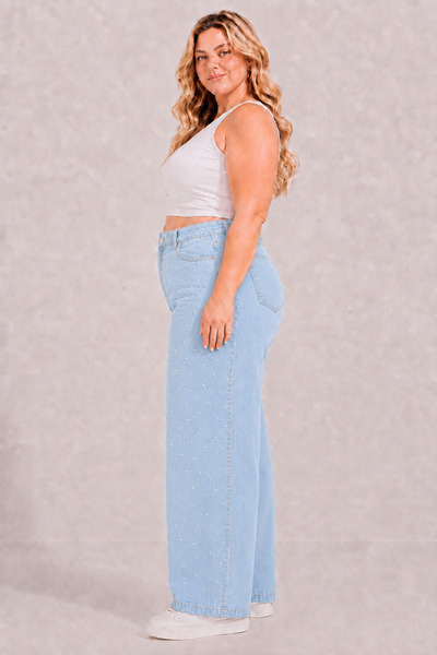 ELONİ Women's Plus Size High Waist Spliced Stone Detail Wide Leg Palazzo Jean Pants 52-64