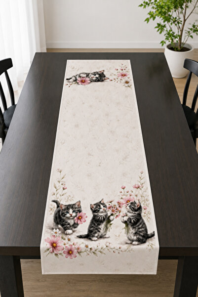 Bebişim Halı Cute Cat and Pink Floral Patterned Runner Tablecloth 40X140 cm