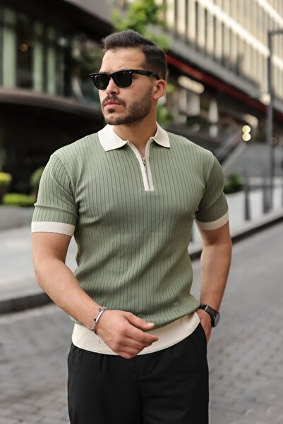pazarella Men's Collar and Sleeve Detailed Zipper Collar Stripe Pattern Short...