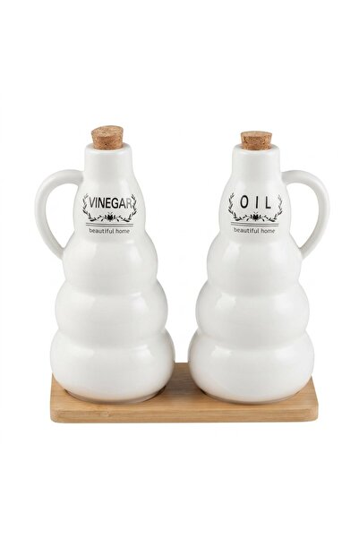 AKDC Ceramic Oil & Vinegar Bottle Set with Bamboo Tray 19 cm